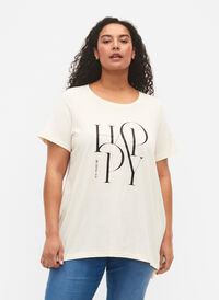 T-skjorte i bomull med tekst, Buttercream HAPPY, Model