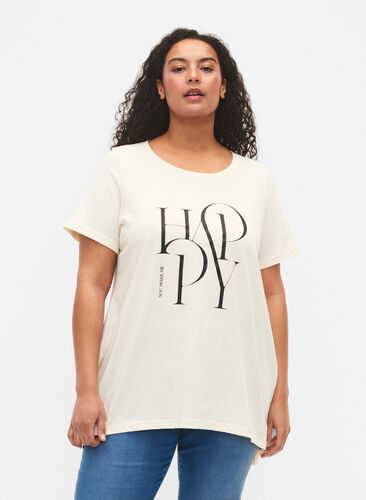 T-skjorte i bomull med tekst, Buttercream HAPPY, Model image number 0