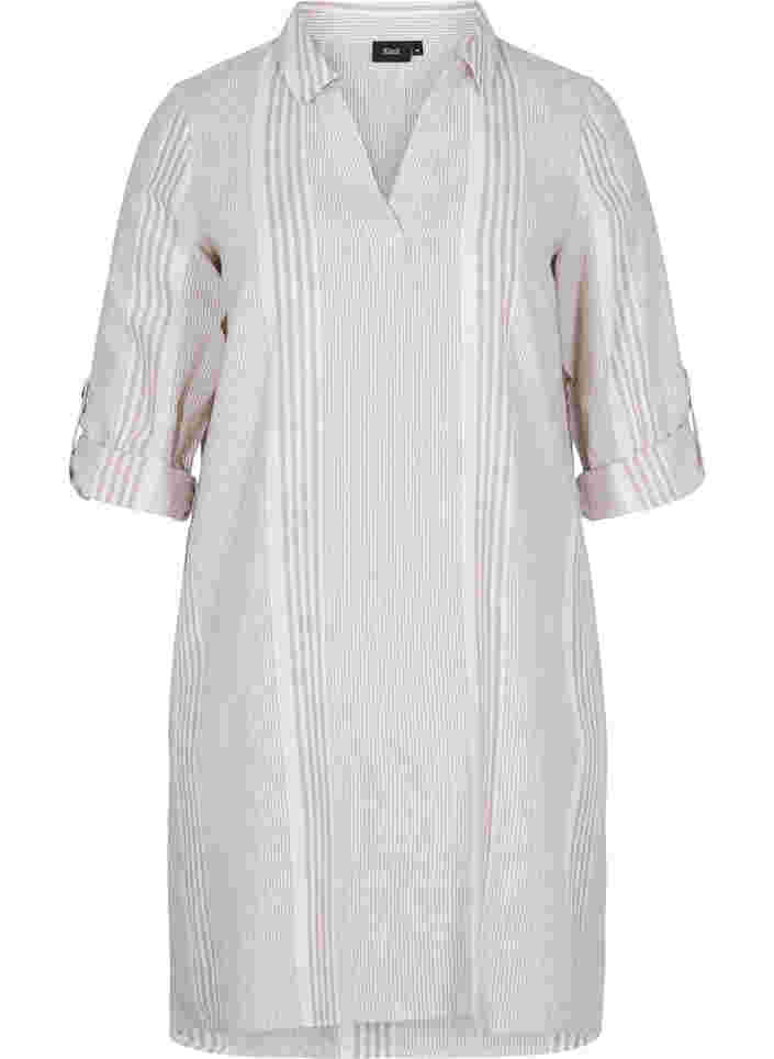 Kjole med V-hals og krage, White Taupe Stripe, Packshot image number 0