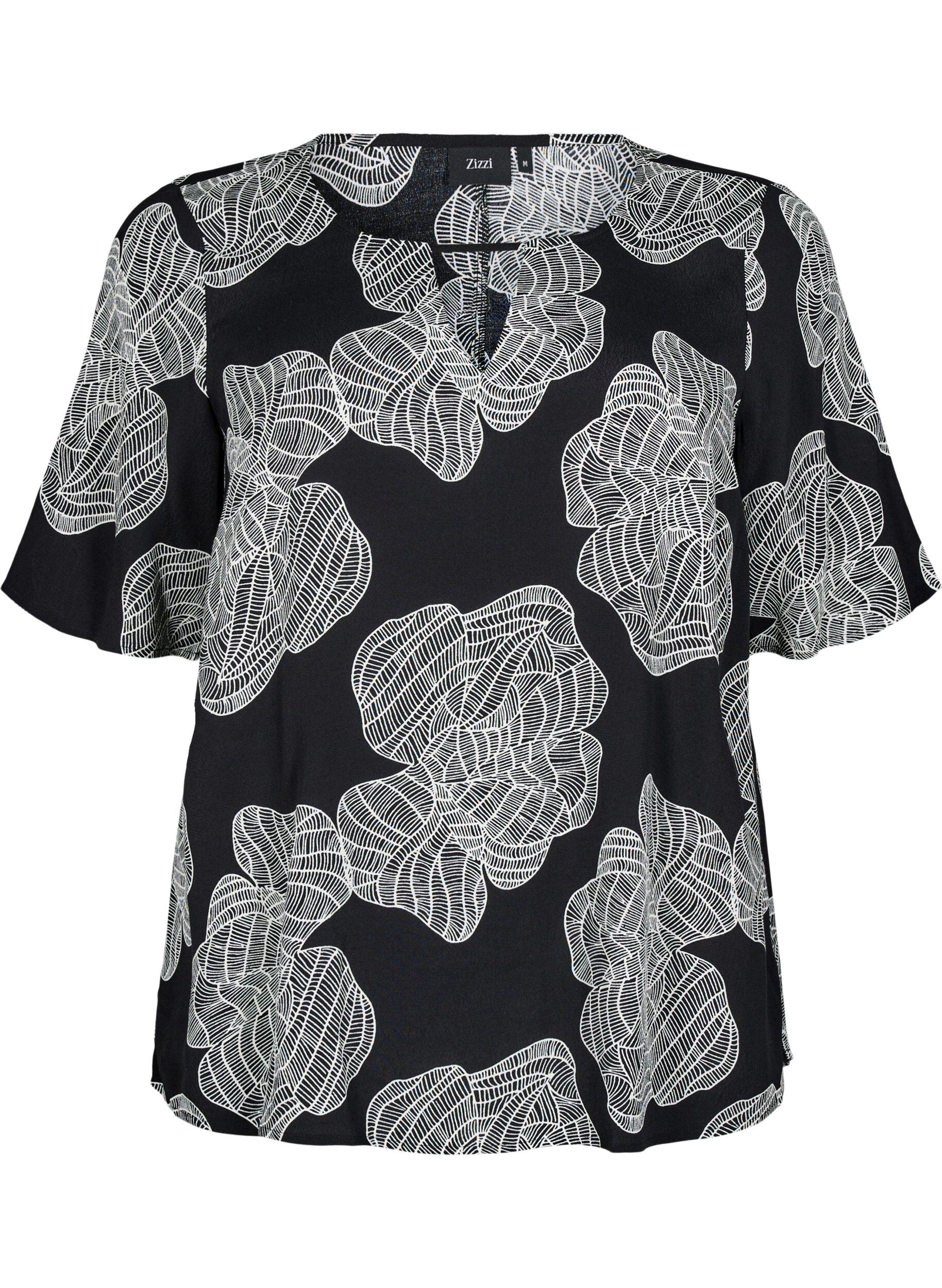 Zizzi Short sleeve Viscose Bluse med utskrift, Svart, Packshot image number 0