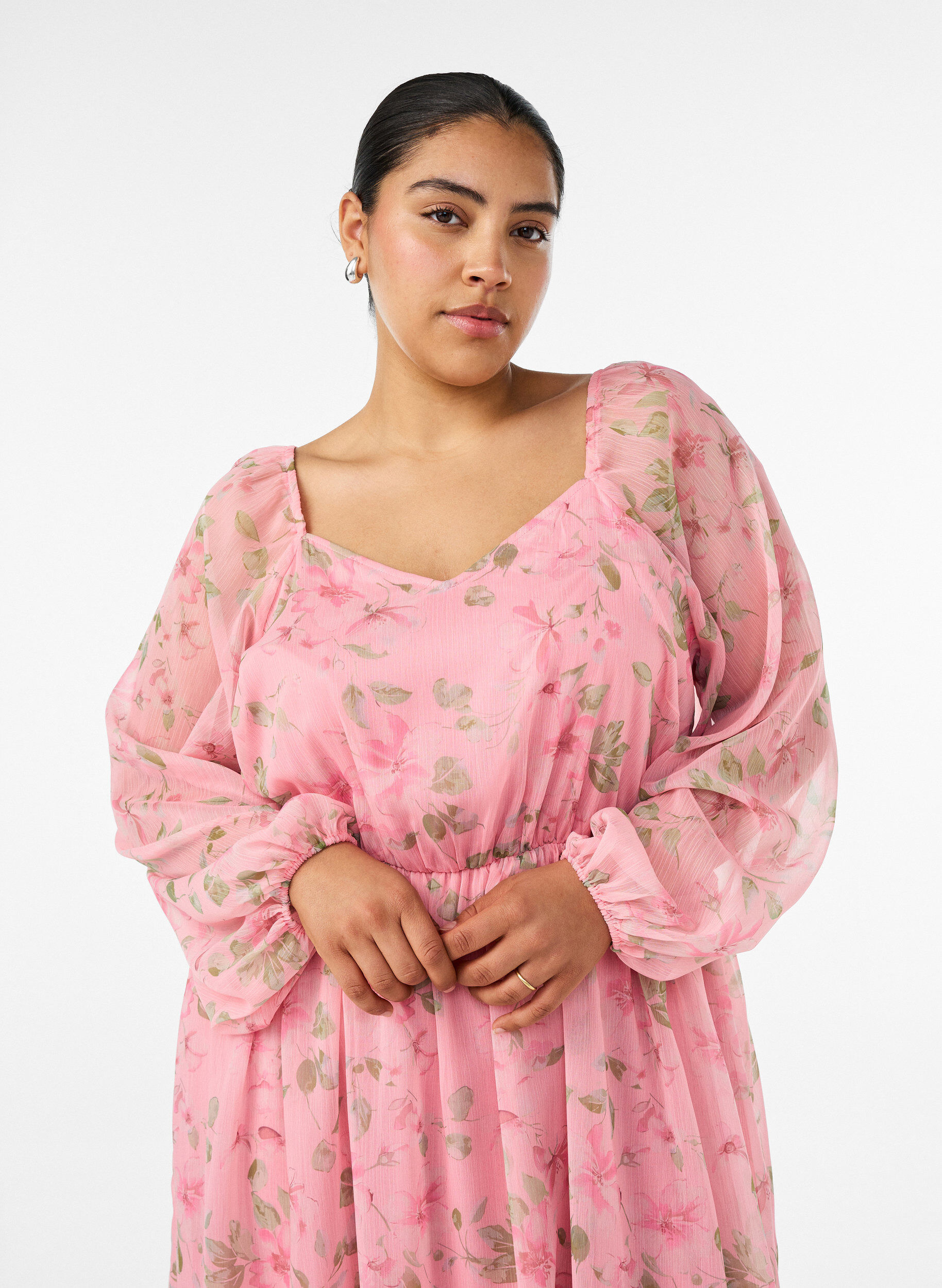 ZizziChiffon festkjole med lange ermer, Rosa, Model image number 2