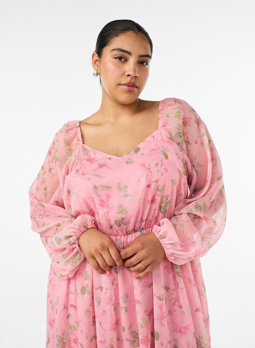 Chiffon festkjole med lange ermer, Rosa, Model image number 2
