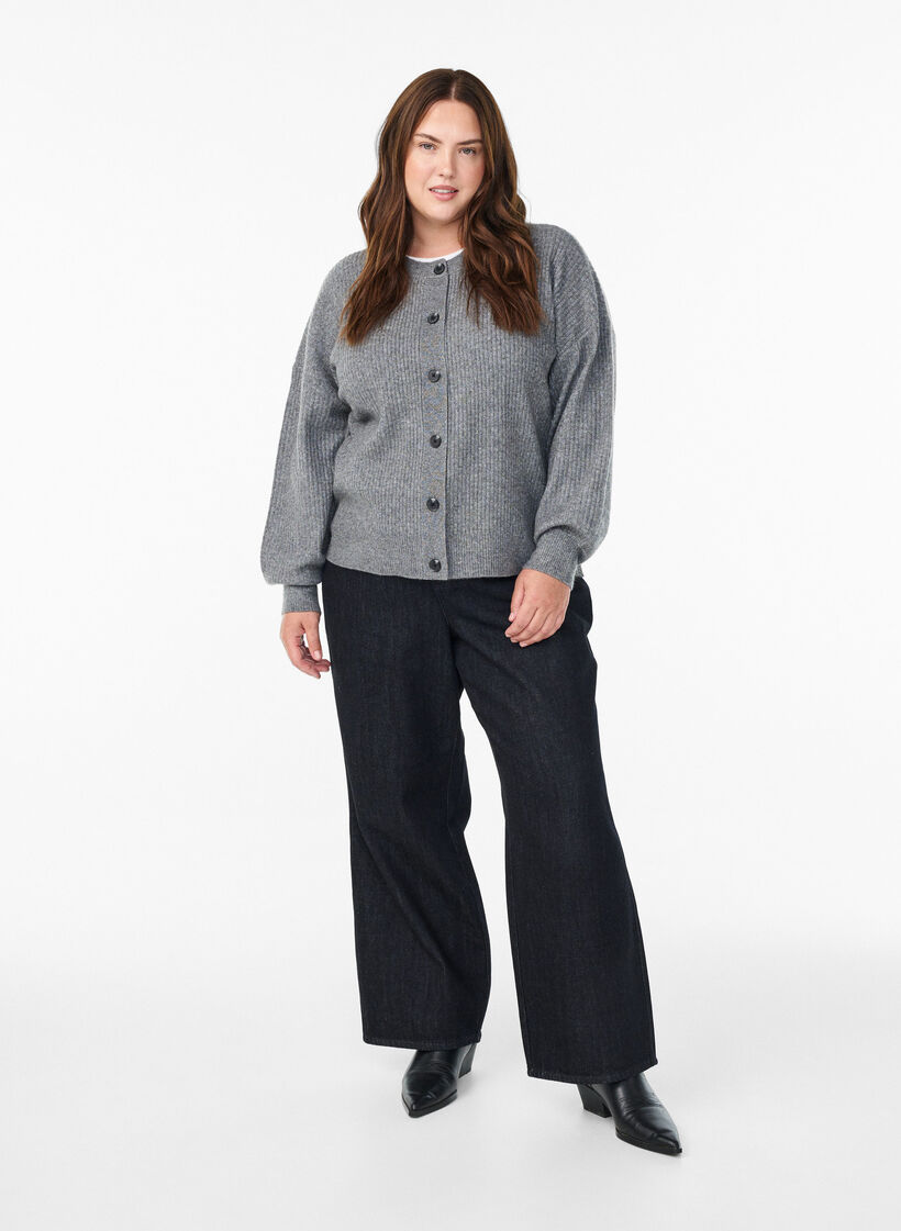 Ribbestrikket cardigan med knapper, Gr&aring;, Model image number 1
