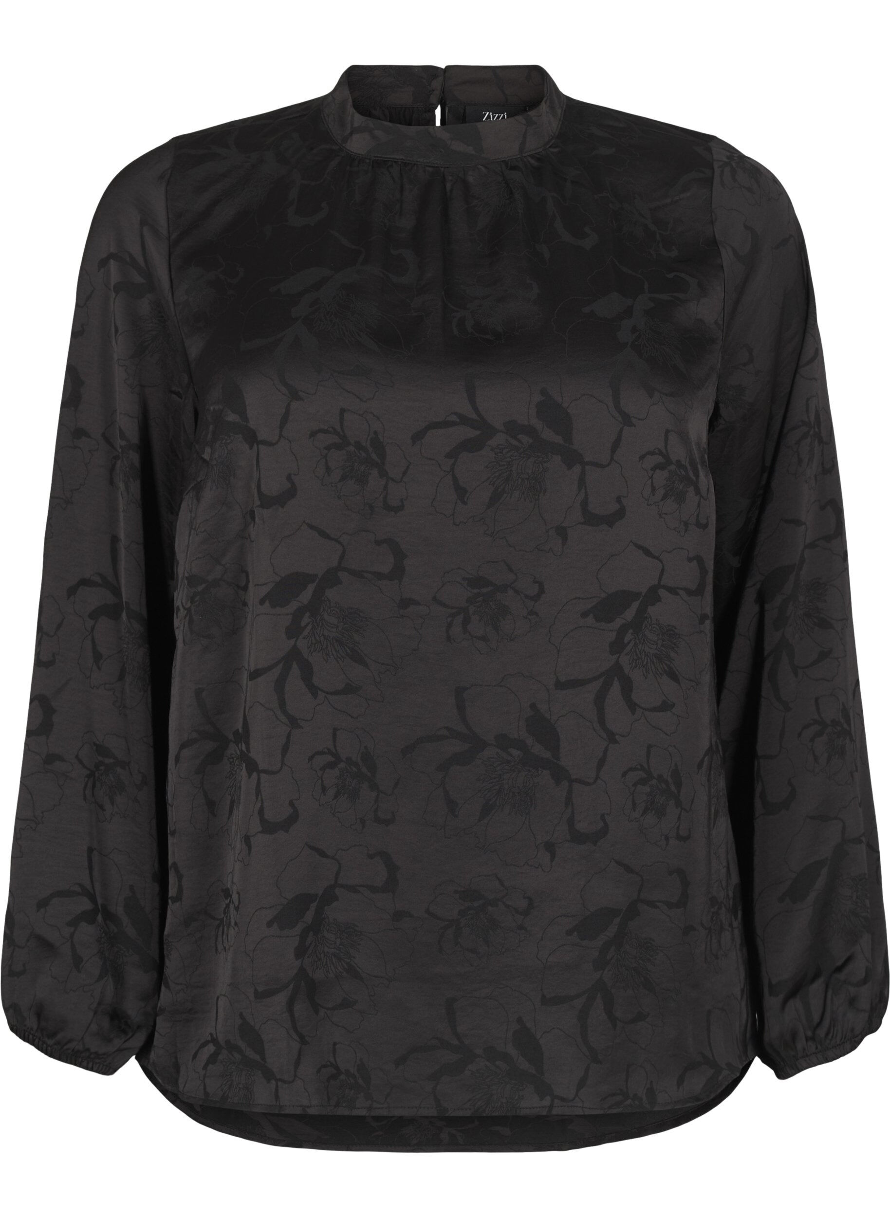Zizzi Satinbluse med ton-i-ton m&oslash;nster, Black, Packshot image number 0
