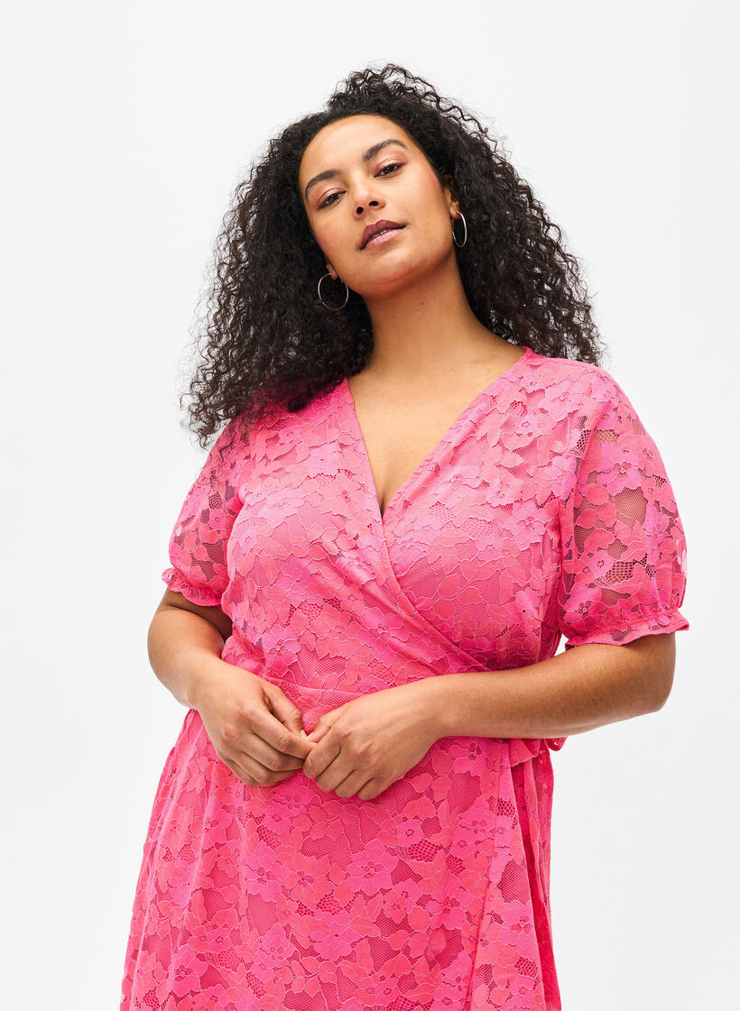 Omslagskjole med blonder og korte ermer, Pink Carnation, Model image number 2