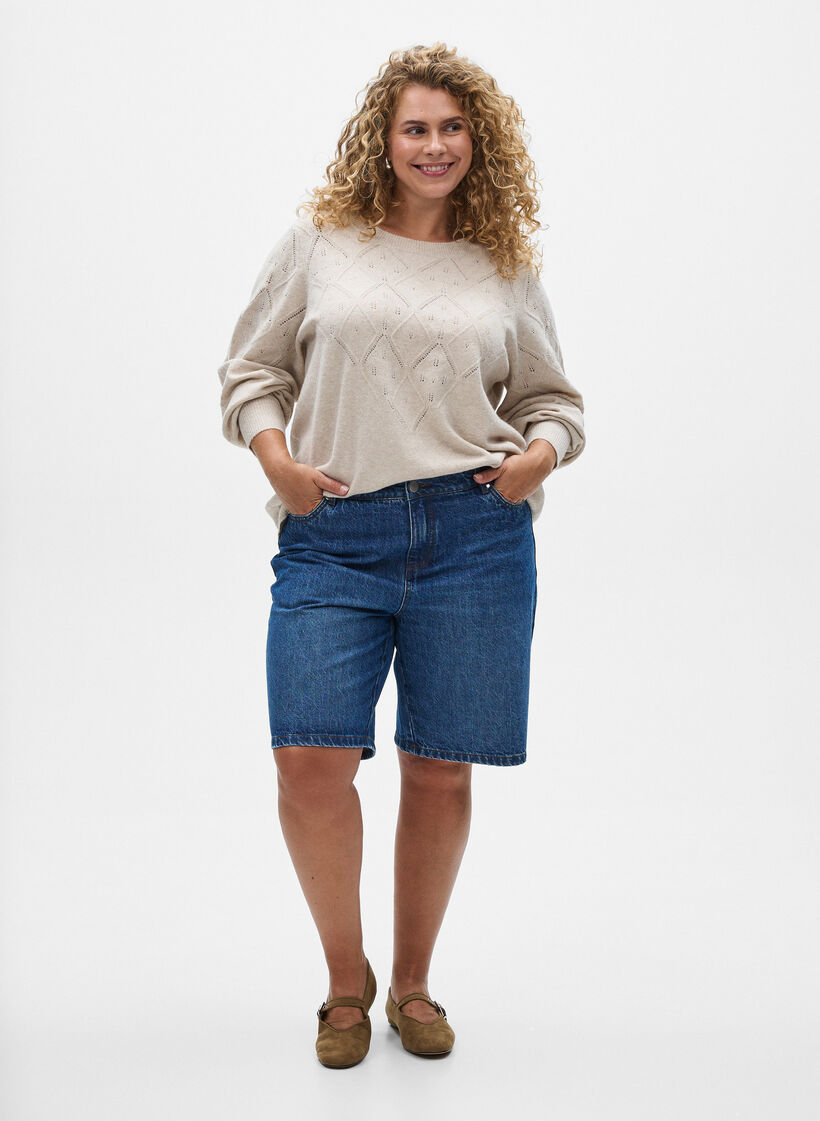 Strikket topp med hullmønster og ballongermer, Pumice S. White Mel., Model
