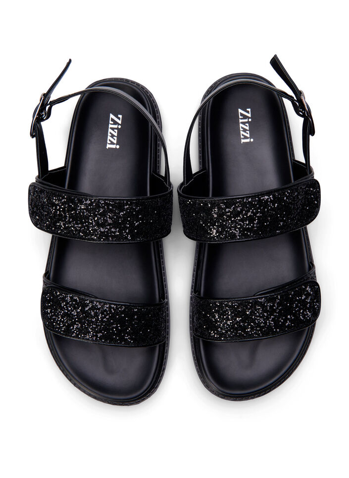 Wide fit - Glitter sandal med borrelåslukking, Svart, Packshot image number 2