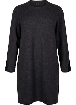 Zizzi Strikket kjole med rund hals og splitt, Dark Grey Melange, Packshot image number 0