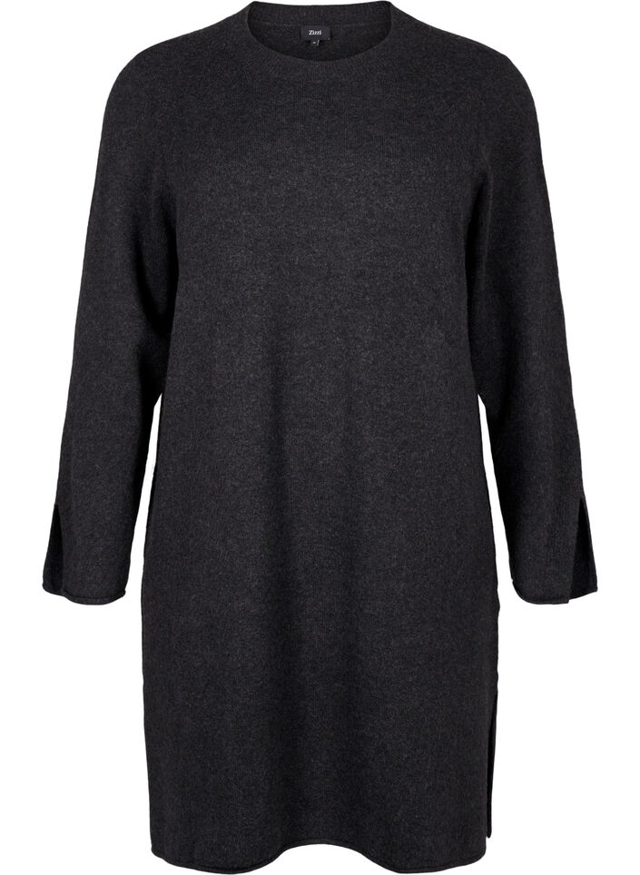 Strikket kjole med rund hals og splitt, Dark Grey Melange, Packshot image number 0