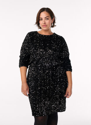 Zizzi Kort paljettskjørt med elastisk midje, Svart, Model image number 0