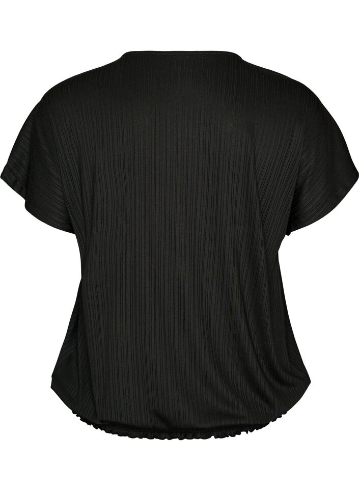 Jerseybluse med teksturerte striper og en smocket fold, Svart, Packshot image number 1