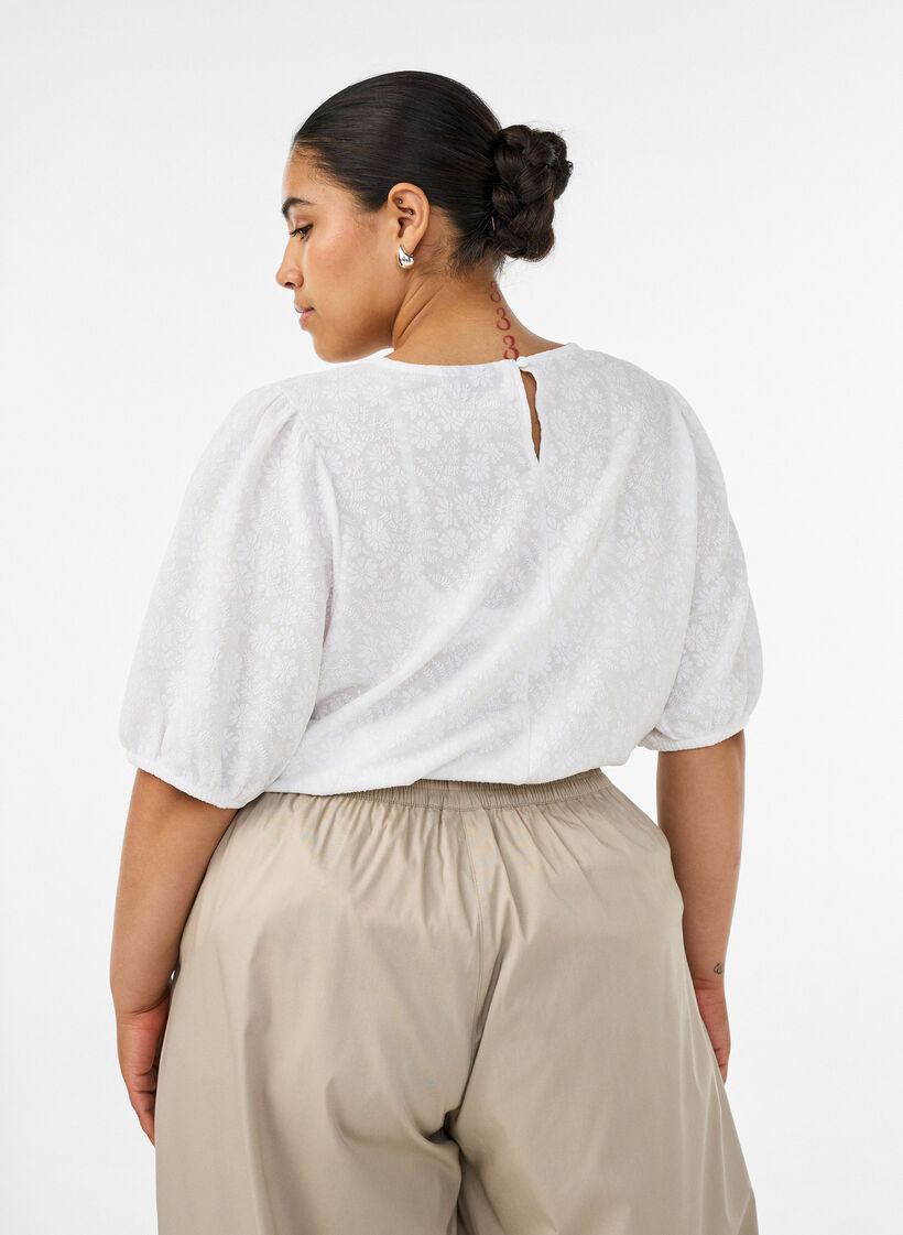 Bluse med tekstur og korte ermer, Hvit, Model image number 2