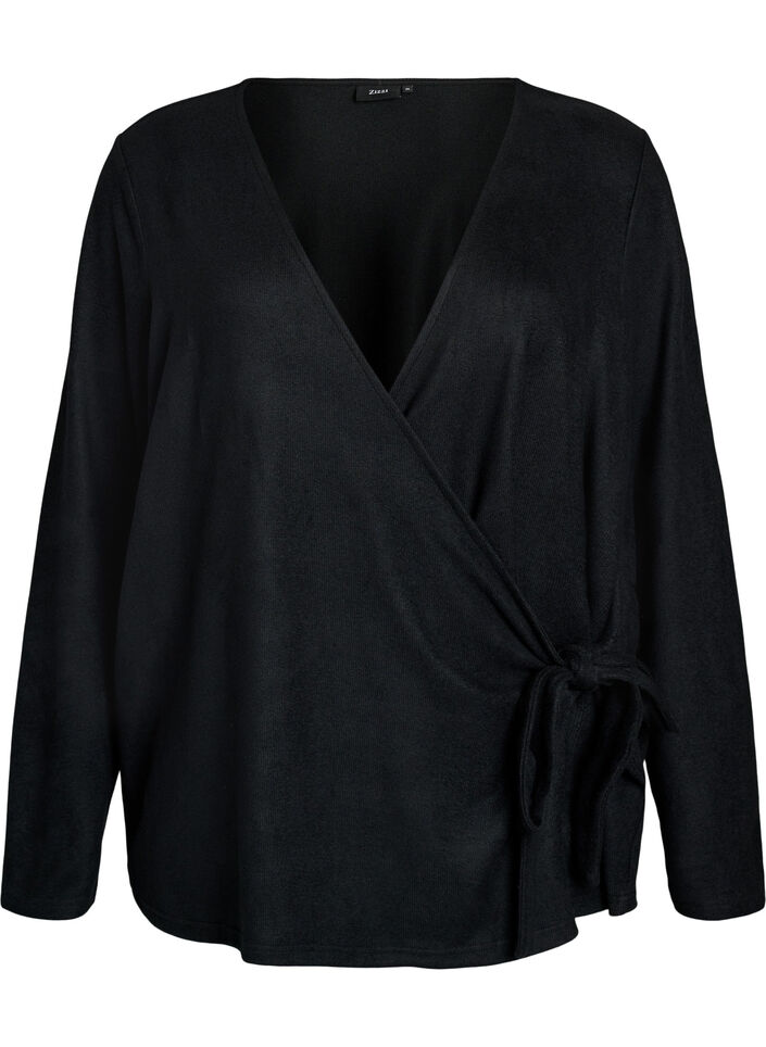 Jersey-wrap bluse med knytebelte, Svart, Packshot image number 0