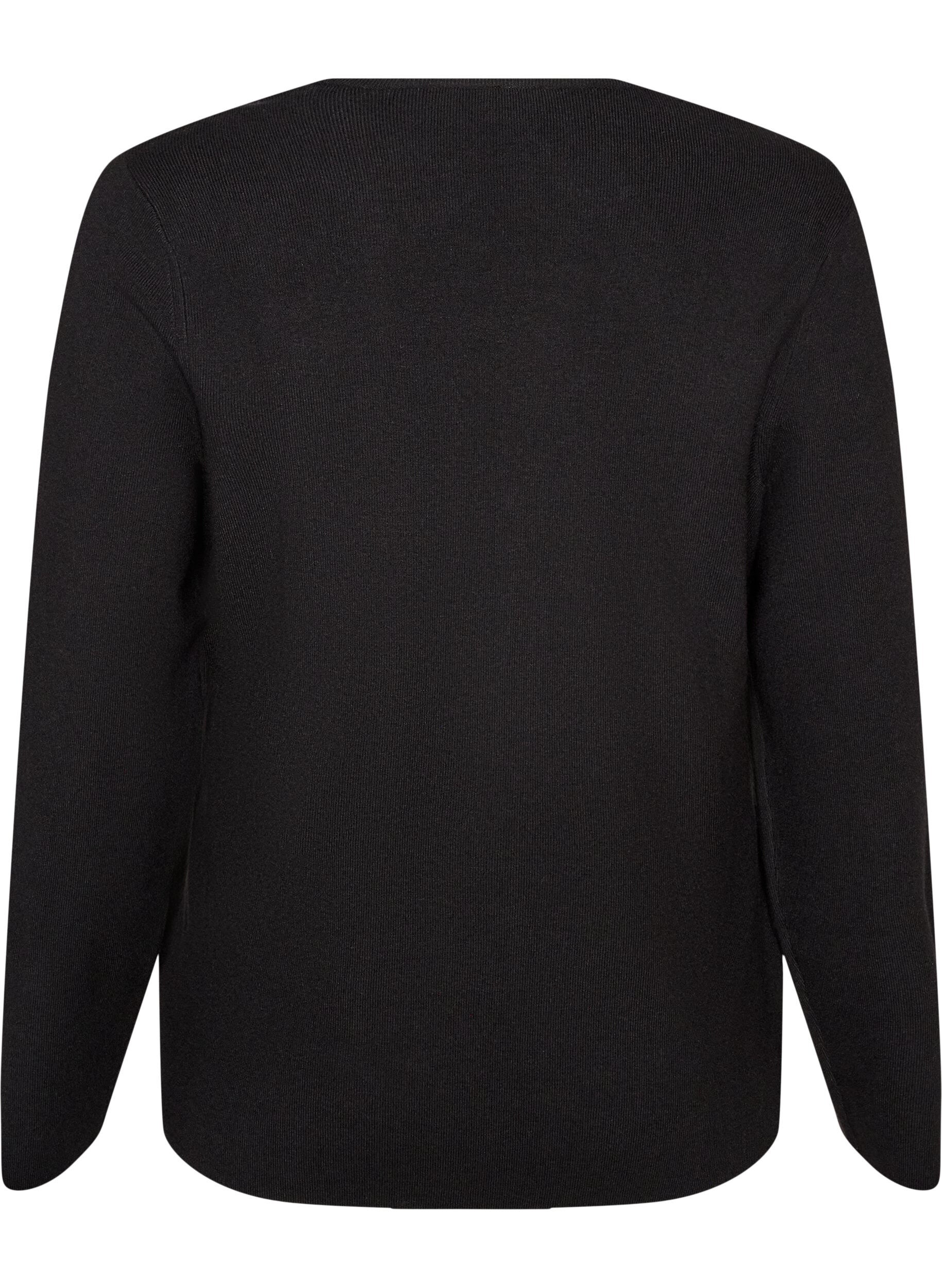 ZizziFinstrikket cardigan med stoffdekte knapper, Svart, Packshot image number 1