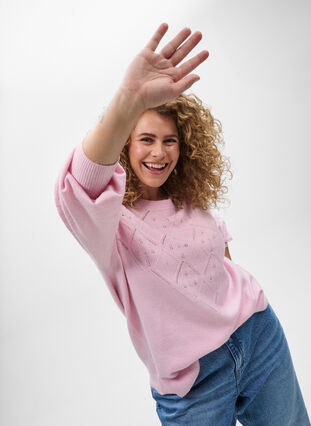 Zizzi Strikket topp med hullmønster og ballongermer, Rosa, Model image number 2