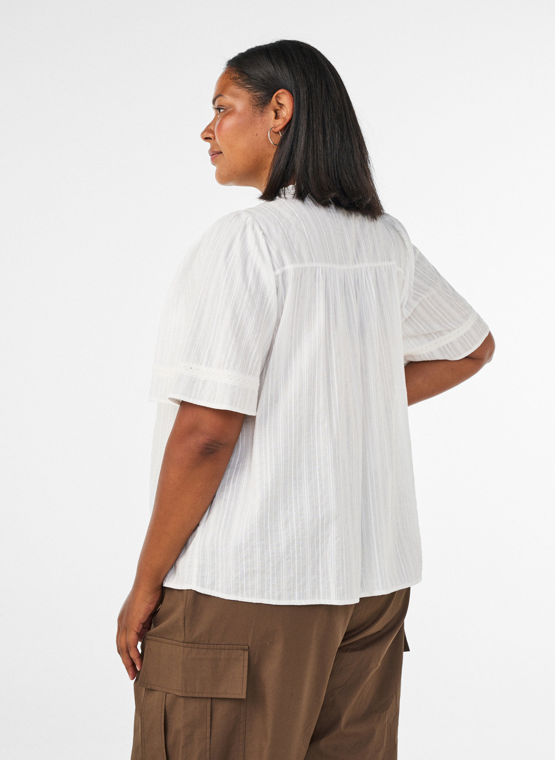 ZizziBluse i bomull med dekorative b&aring;nd, Vanilje, Model image number 2