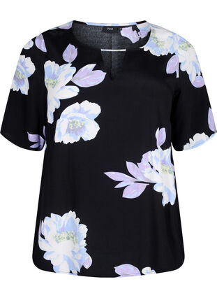 Short sleeve Viscose Bluse med utskrift, Black Big Flower AOP, Packshot image number 0