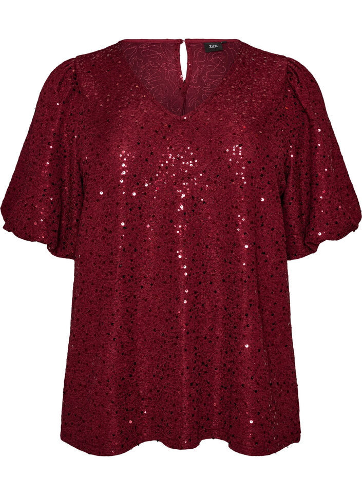Paljettbluse med ballongermer, R&oslash;d, Packshot image number 0