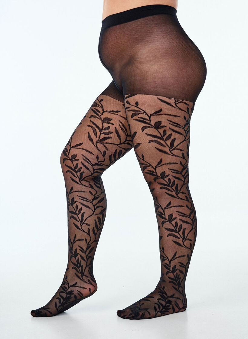 25 denier tights med bladm&oslash;nster, Black, Model image number 0