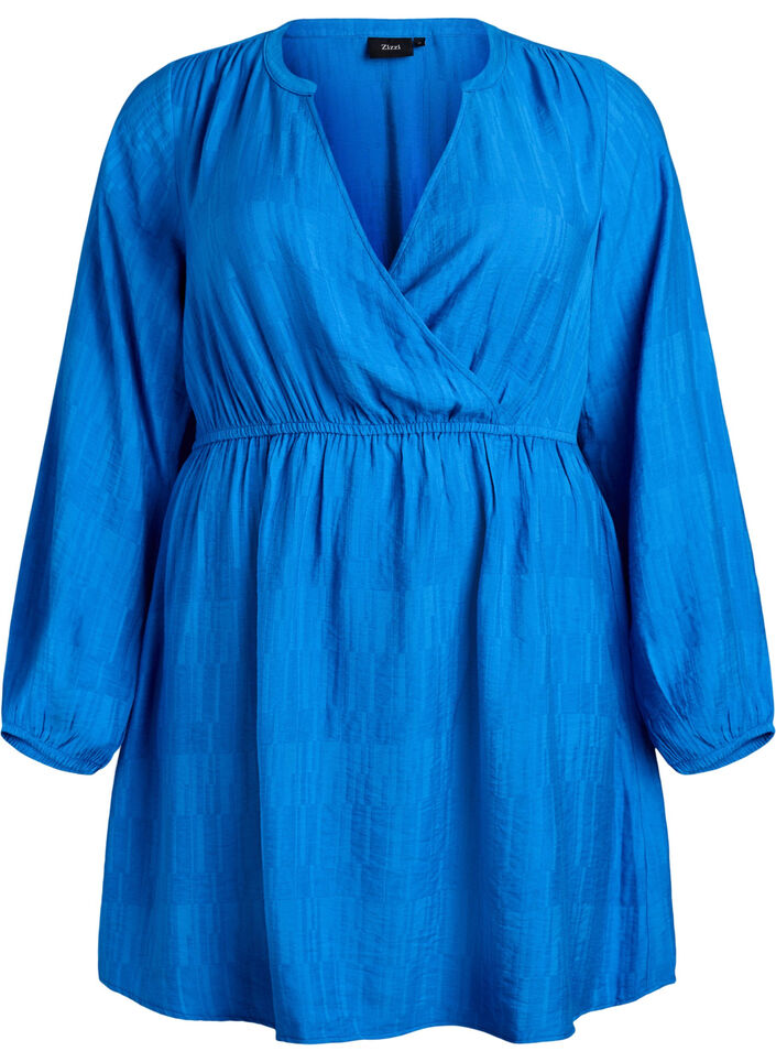 Kort teksturert kjole med omslagsstil, Blå, Packshot image number 0