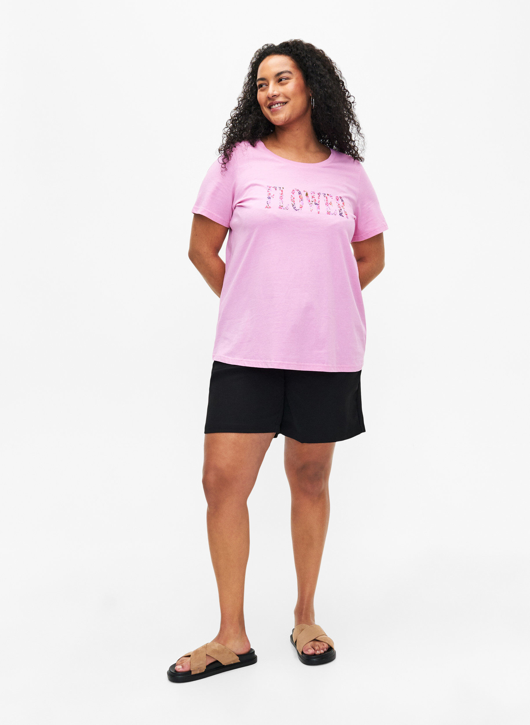 Zizzi T-skjorte i bomull med teksttrykk, Rosebloom w. Flower, Model image number 2