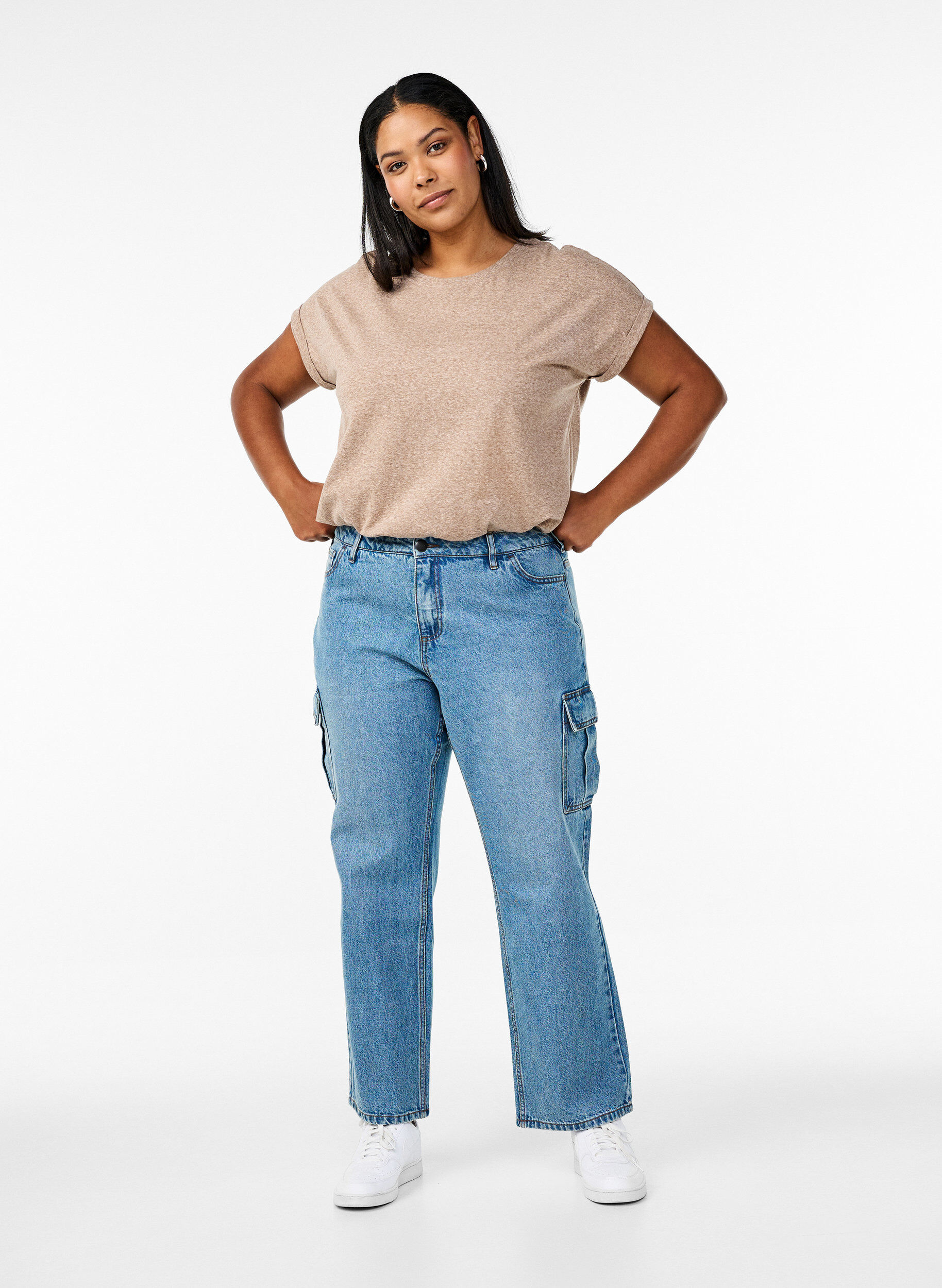 Zizzi Melert T-skjorte med korte ermer, Brun, Model image number 1