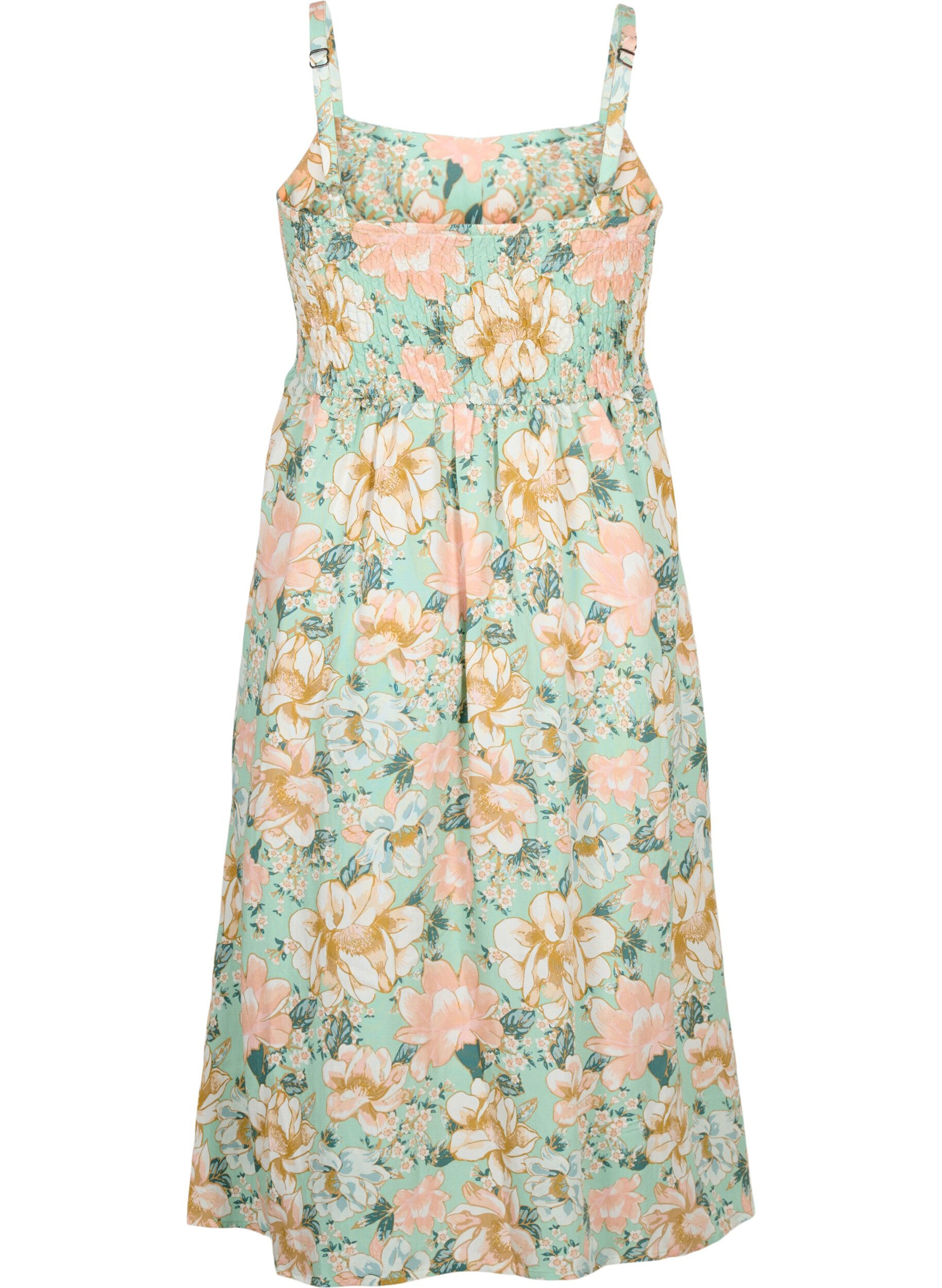 Zizzi Blomstrete kjole med stropper i viskose med smock, Green Flower, Packshot image number 1