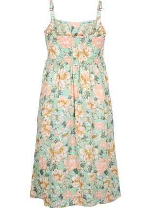 Blomstrete kjole med stropper i viskose med smock, Green Flower, Packshot image number 1