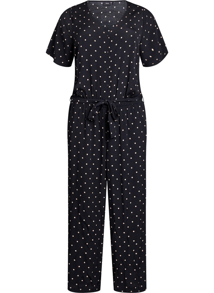 Prikket jumpsuit med korte ermer, Svart, Packshot image number 0