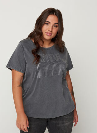 T-skjorte i bomull med nagler og smock, Grey Wash, Model image number 0