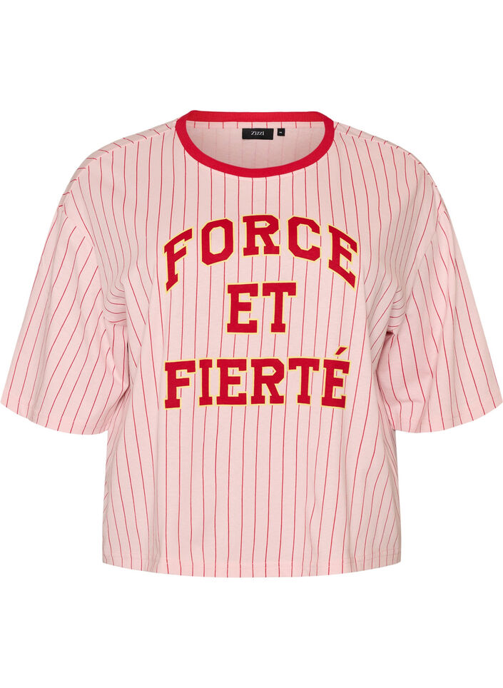 Boxy T-skjorte med striper og statement-trykk, Rosa, Packshot image number 0