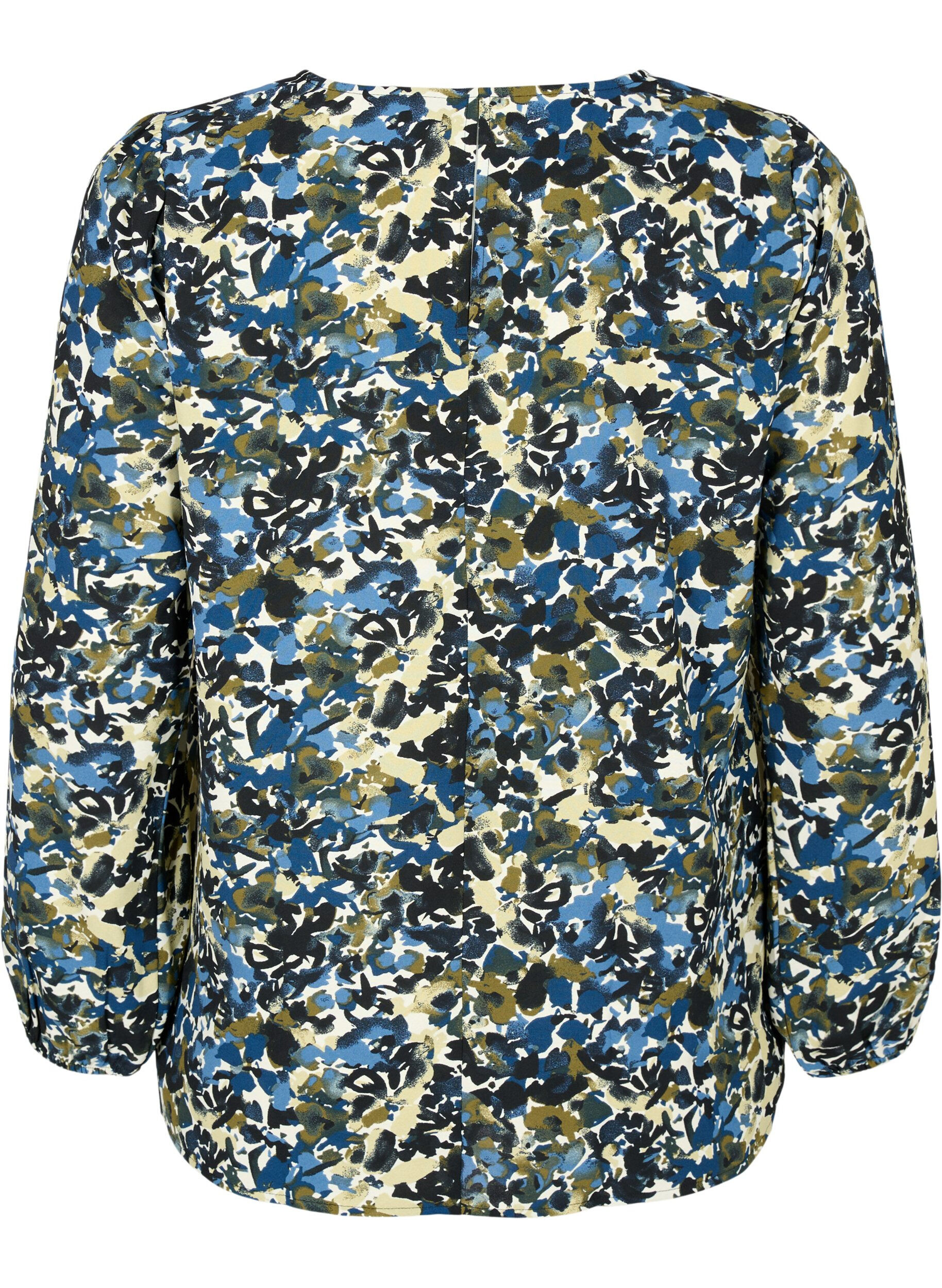 Zizzi Bluse med puffermer, Blue Green AOP, Packshot image number 1