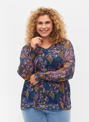 Blomstrete bluse med lange ermer og V-hals, Blue w. Pink Leaf, Model image number 0