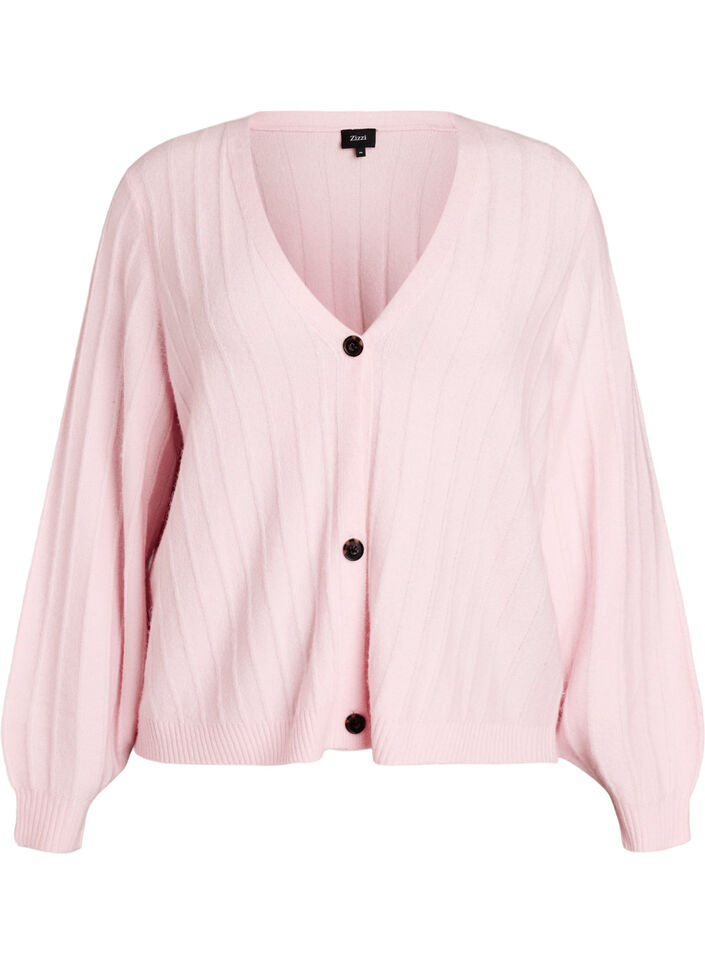 Cardigan med ribbet tekstur og ballongermer, Rosa, Packshot image number 0