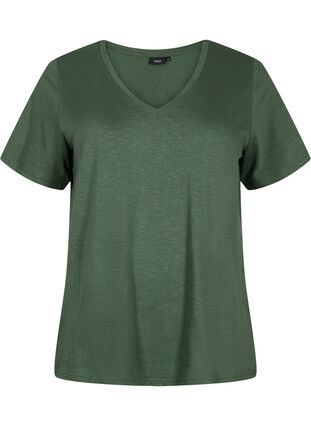 Kortermet basic T-skjorte med V-hals, Thyme, Packshot image number 0