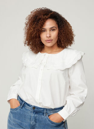 Bomullsskjorte med en stor krage, Bright White, Model image number 0