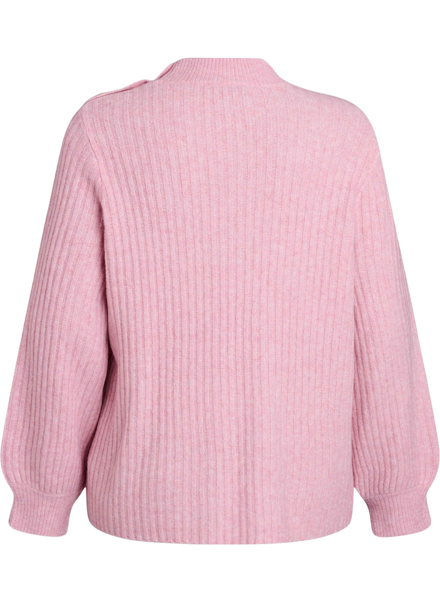 ZizziRibbestrikket genser med puffede ermer og knapper, Rosa, Packshot image number 1