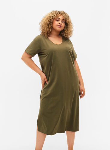 Kortermet kjole i bomull med splitt, Ivy Green, Model image number 0