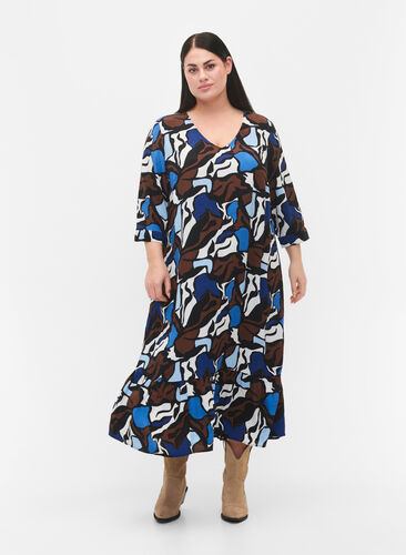 Zizzi Kjole i viskose med print og 3/4 ermer, Zafia AOP, Model image number 0