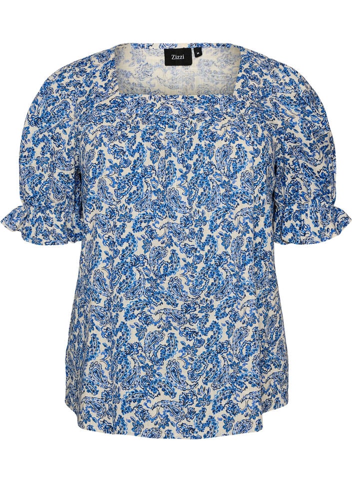 Bluse i bomull med firkantet utringning, Bl&aring;, Packshot image number 0