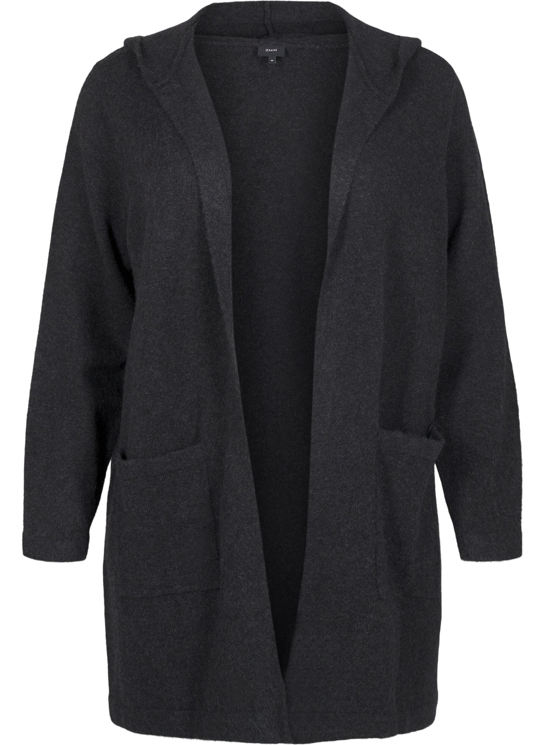Zizzi Lang strikket cardigan med ull og hette, Dark Grey Melange, Packshot image number 0