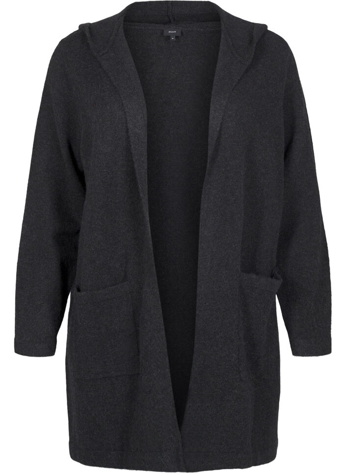 Lang strikket cardigan med ull og hette, Dark Grey Melange, Packshot image number 0
