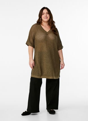 Zizzi FLASH - Kortermet strikket bluse med v-hals, Grønn, Model image number 1