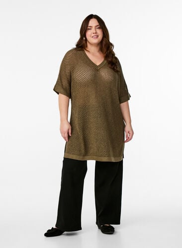 Zizzi FLASH - Kortermet strikket bluse med v-hals, Grønn, Model image number 1