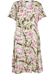Midikjole i viskose med knappelukking, Green Pink AOP
