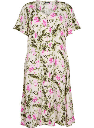 Midikjole i viskose med knappelukking, Green Pink AOP, Packshot image number 0