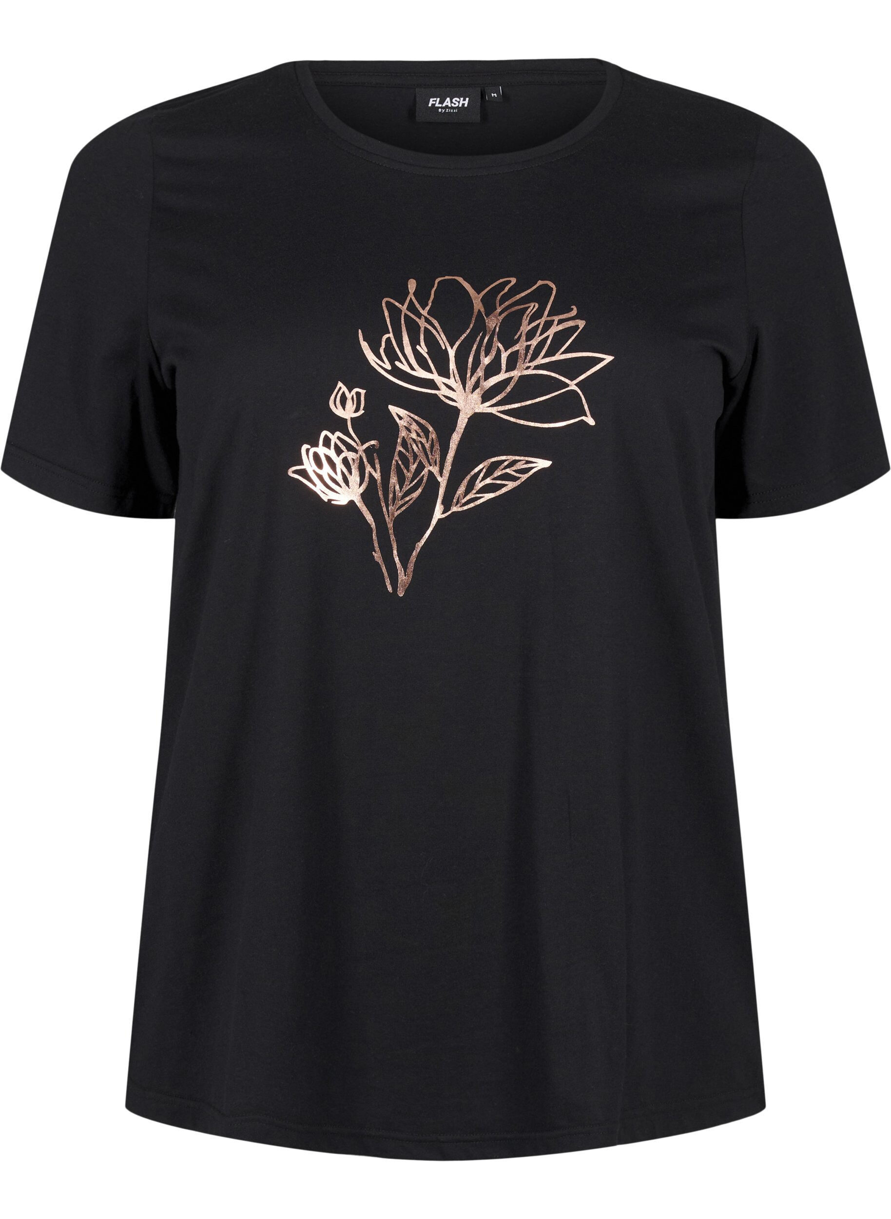 Zizzi FLASH - T-skjorte med motiv, Black R. Gold Flower, Packshot image number 0