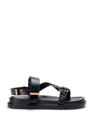 Lærsandal med flettede stropper og bred passform, Black