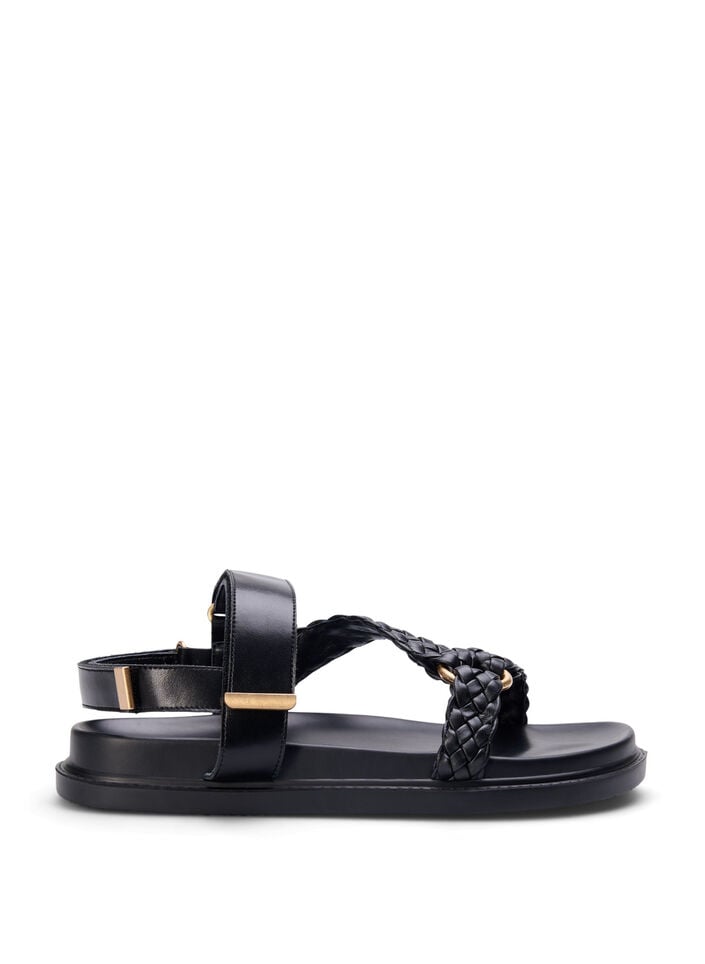 Lærsandal med flettede stropper og bred passform, Svart, Packshot image number 0