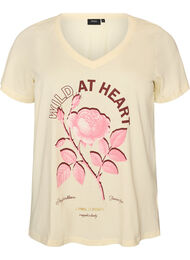 Bomull T-skjorte med fronttrykk og V-hals, Beige